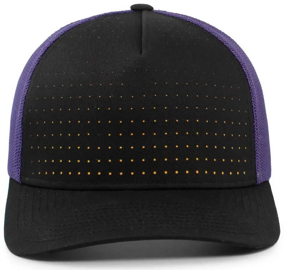 Pacific Headwear 105P Perforated 5 Panel Trucker Snapback Cap - Black Purple Gold - Black Gold / 7’’ 7 7/8’’
