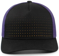 Pacific Headwear 105P Perforated 5 Panel Trucker Snapback Cap - Black Purple Gold - Black Gold / 7’’ 7 7/8’’