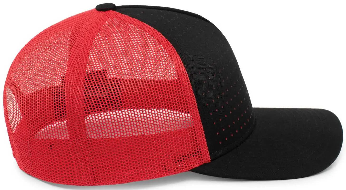 Pacific Headwear 105P Perforated 5 Panel Trucker Snapback Cap - Black Red Black - Black Red / 7’’ 7 7/8’’