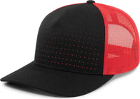 Pacific Headwear 105P Perforated 5 Panel Trucker Snapback Cap Black Red Black Black Red / 7’’ 7 7/8’’