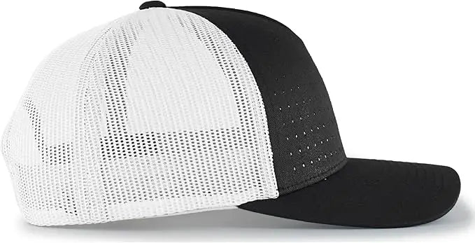 Pacific Headwear 105P Perforated 5-Panel Trucker Snapback Cap - Black White Black - Black White / 7’’ - 7 7/8’’