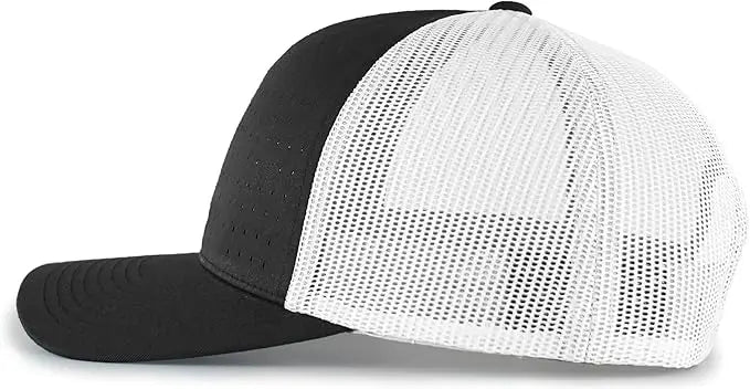 Pacific Headwear 105P Perforated 5-Panel Trucker Snapback Cap - Black White Black - Black White / 7’’ - 7 7/8’’