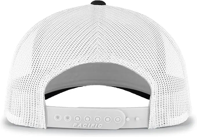 Pacific Headwear 105P Perforated 5-Panel Trucker Snapback Cap - Black White Black - Black White / 7’’ - 7 7/8’’