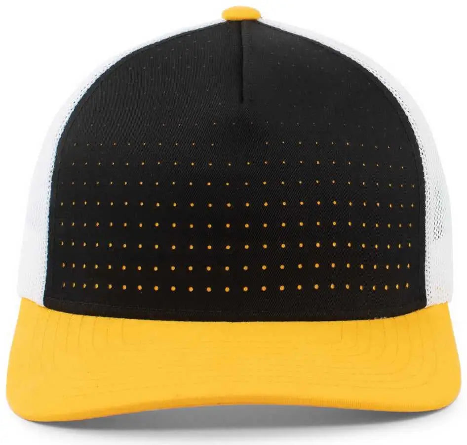 Pacific Headwear 105P Perforated 5 Panel Trucker Snapback Cap - Black White Gold - Black Gold / 7’’ 7 7/8’’