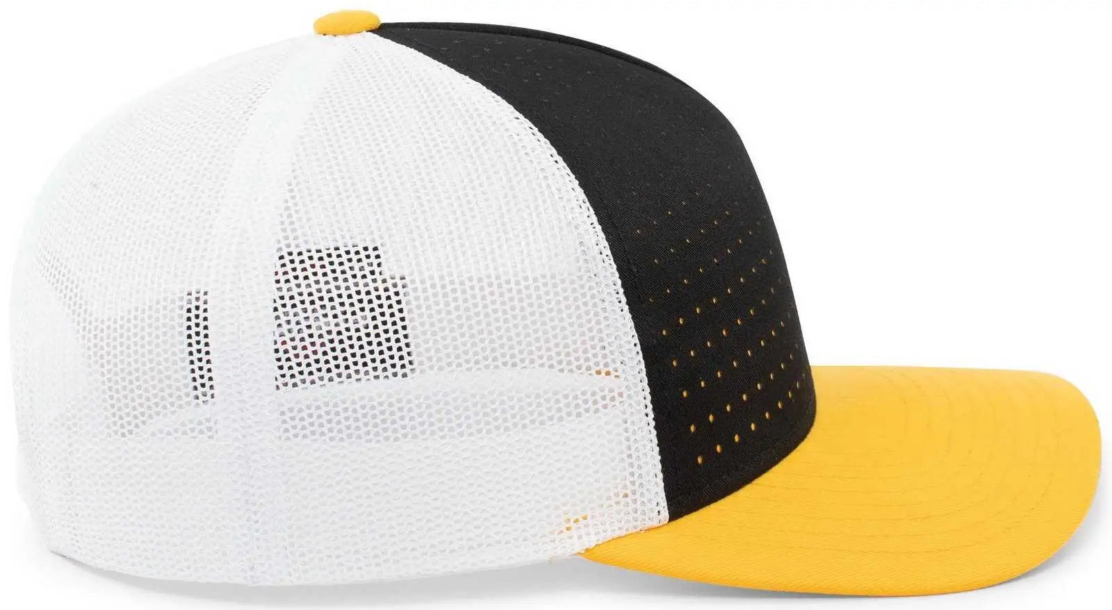 Pacific Headwear 105P Perforated 5 Panel Trucker Snapback Cap - Black White Gold - Black Gold / 7’’ 7 7/8’’
