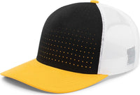 Pacific Headwear 105P Perforated 5 Panel Trucker Snapback Cap Black White Gold Black Gold / 7’’ 7 7/8’’