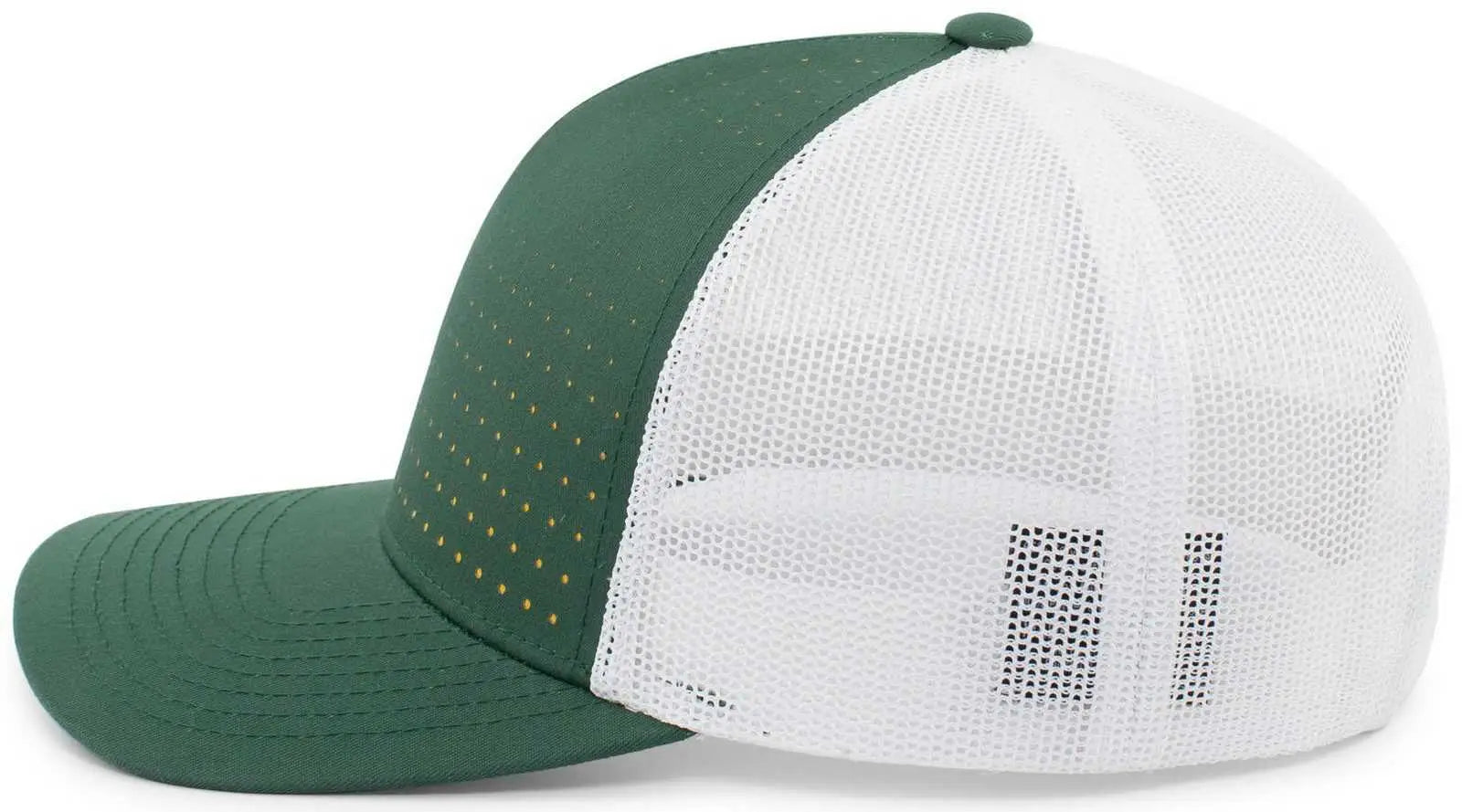 Pacific Headwear 105P Perforated 5 Panel Trucker Snapback Cap - Dark Green White Gold - Forest Gold / 7’’ 7 7/8’’