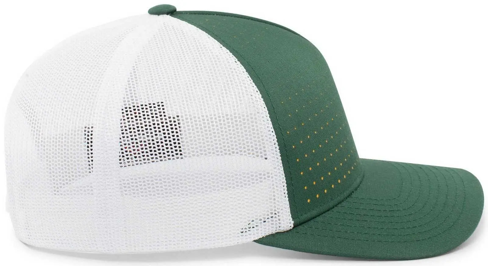 Pacific Headwear 105P Perforated 5 Panel Trucker Snapback Cap - Dark Green White Gold - Forest Gold / 7’’ 7 7/8’’