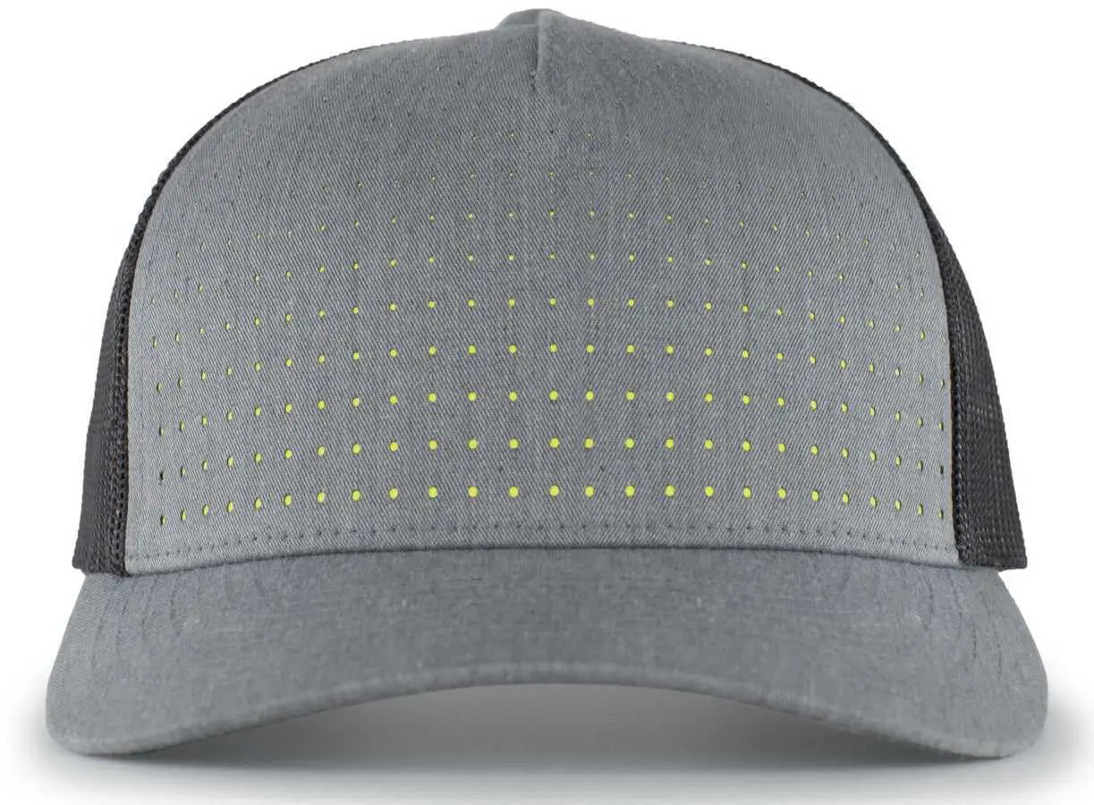 Pacific Headwear 105P Perforated 5-Panel Trucker Snapback Cap - Heather Gray Light Charcoal Acid Green - Gray Light