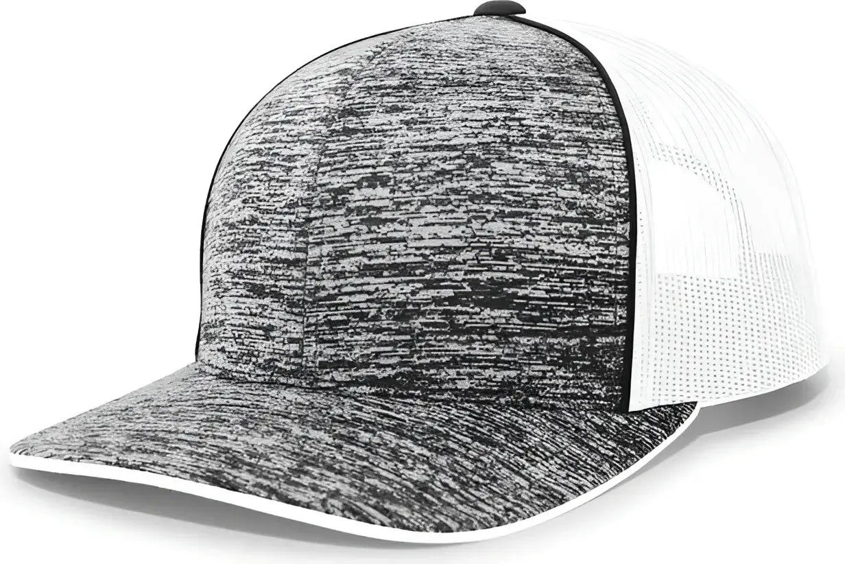 Pacific Headwear 106C Aggressive Heather Trucker Snapback Cap - BlackHeather White - Black White / 7’’ - 7 7/8’’