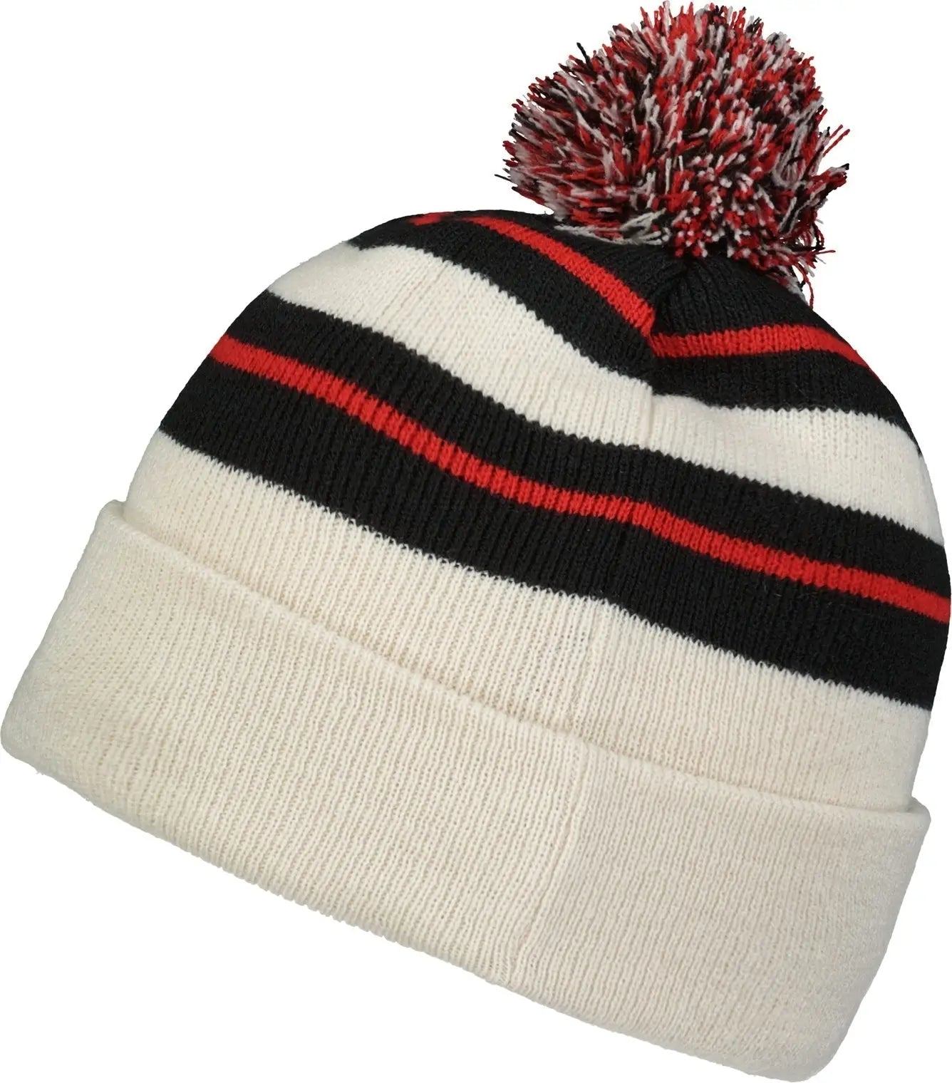 Pacific Headwear 641K Knit Fold Over Pom-Pom Beanie - Oat Black Red - Oat Black Red / OS