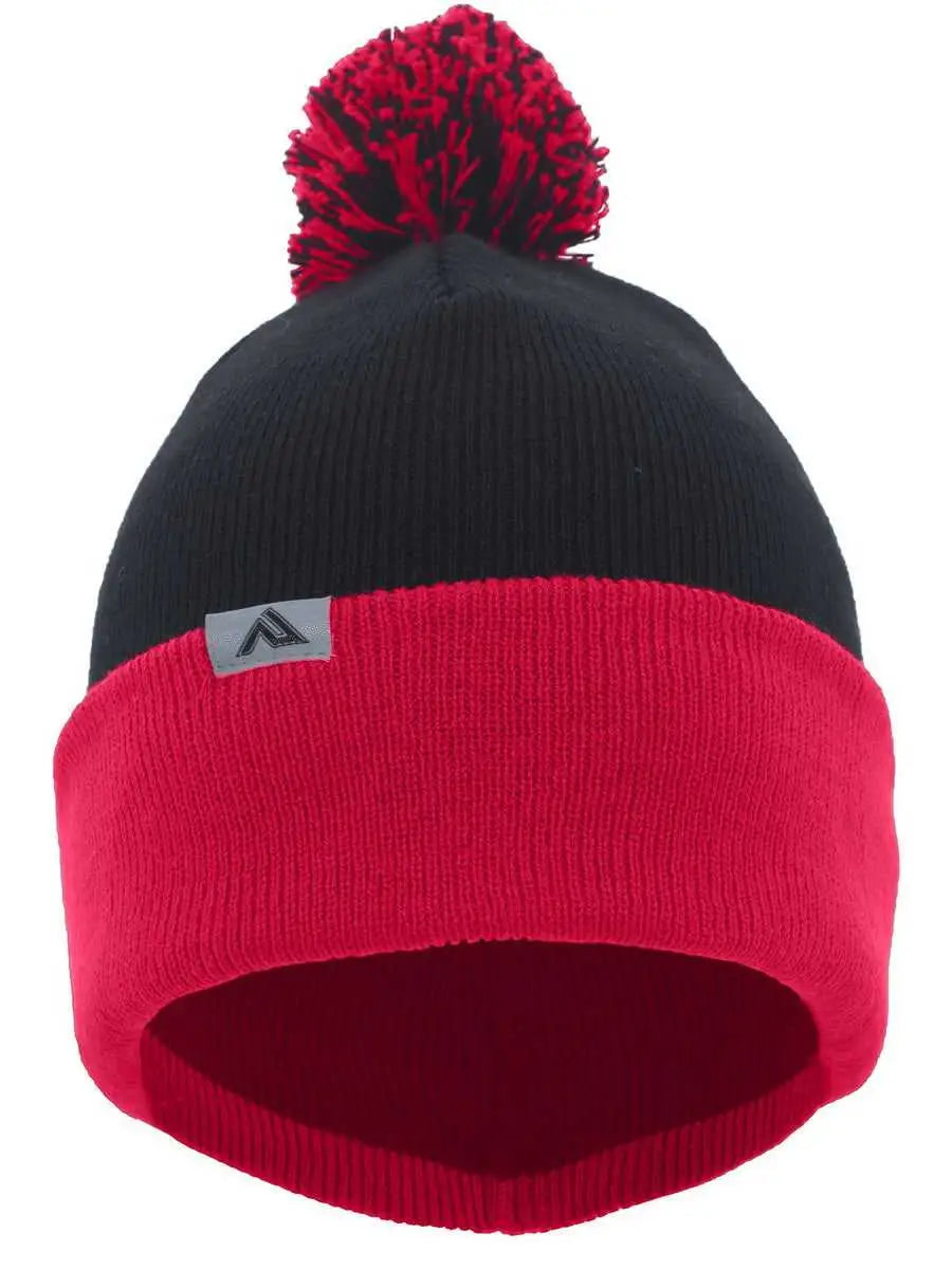 Pacific Headwear 641K Knit Fold Over Pom-Pom Beanie - B04J - Black Red / 7’’ - 7 7/8’’