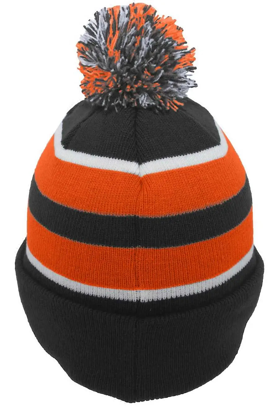 Pacific Headwear 641K Knit Fold Over Pom-Pom Beanie - B52A - Black Orange White / 7’’ - 7 7/8’’