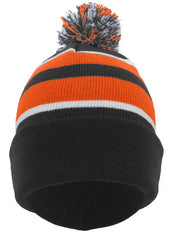 Pacific Headwear 641K Knit Fold Over Pom Pom Beanie B52A Black Orange White / 7’’ 7 7/8’’
