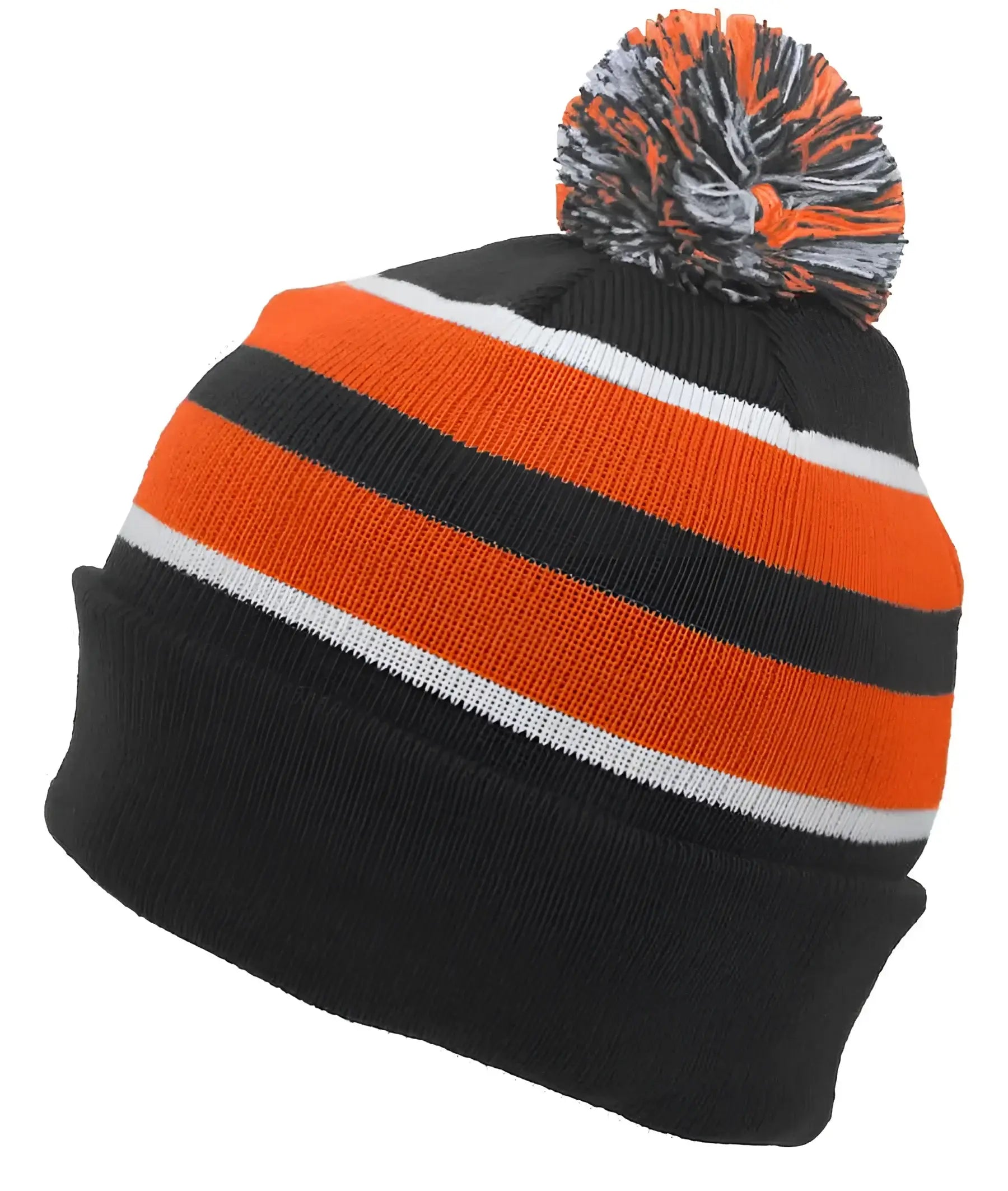 Pacific Headwear 641K Knit Fold Over Pom-Pom Beanie - B52A - Black Orange White / 7’’ - 7 7/8’’