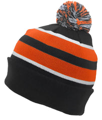 Pacific Headwear 641K Knit Fold Over Pom Pom Beanie B52A Black Orange White / 7’’ 7 7/8’’