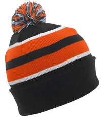 Pacific Headwear 641K Knit Fold Over Pom Pom Beanie B52A Black Orange White / 7’’ 7 7/8’’