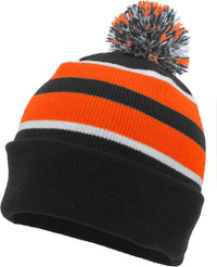 Pacific Headwear 641K Knit Fold Over Pom Pom Beanie B52A Black Orange White / 7’’ 7 7/8’’