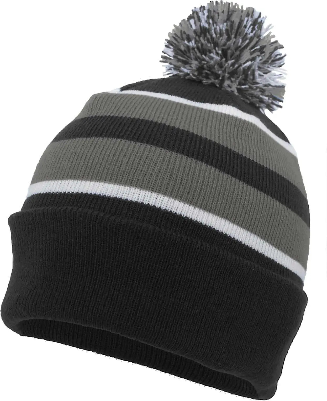 Pacific Headwear 641K Knit Fold Over Pom Pom Beanie Black Graphite White Black Graphite White / 7’’ 7 7/8’’