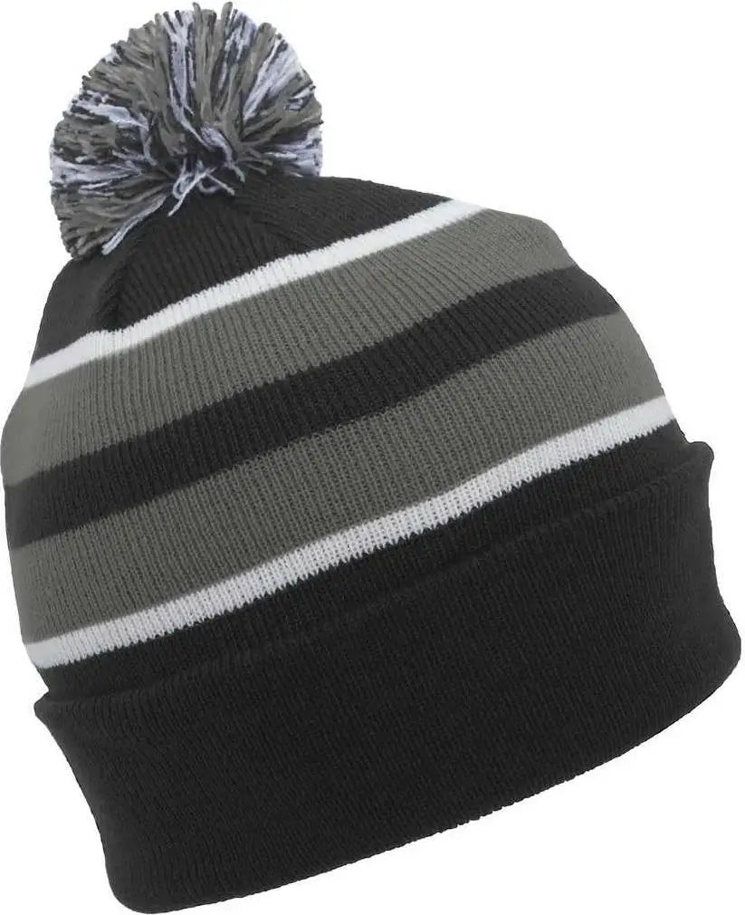 Pacific Headwear 641K Knit Fold Over Pom-Pom Beanie - Black Graphite White - Black Graphite White / 7’’ - 7 7/8’’