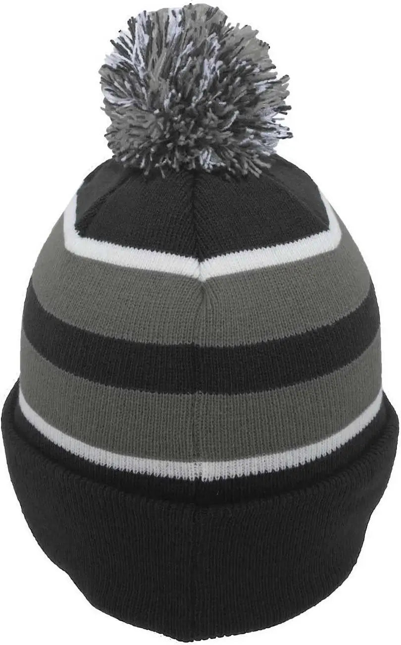 Pacific Headwear 641K Knit Fold Over Pom-Pom Beanie - Black Graphite White - Black Graphite White / 7’’ - 7 7/8’’