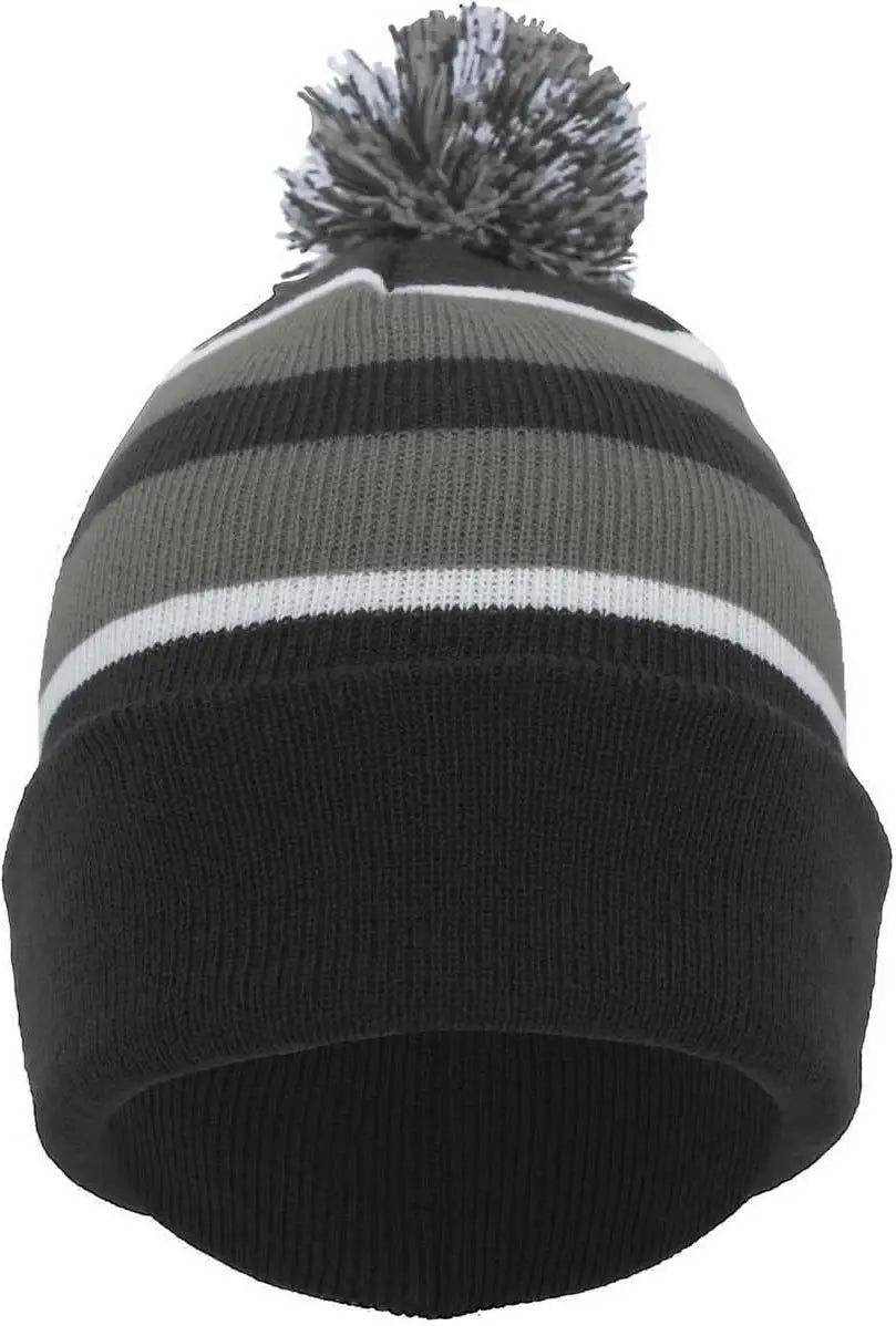 Pacific Headwear 641K Knit Fold Over Pom-Pom Beanie - Black Graphite White - Black Graphite White / 7’’ - 7 7/8’’