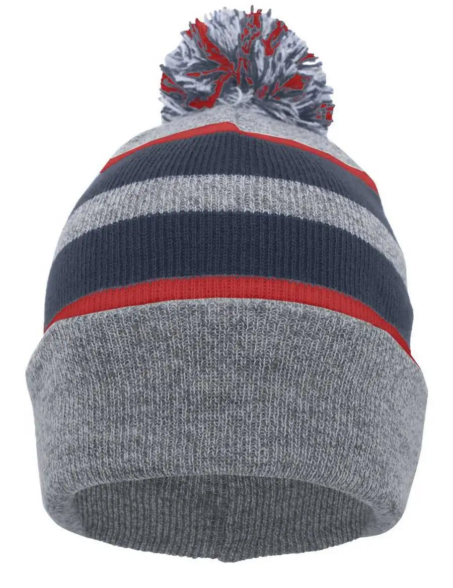 Pacific Headwear 641K Knit Fold Over Pom-Pom Beanie - Heather Navy Red - Heather Navy Red / 7’’ - 7 7/8’’