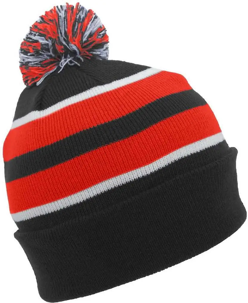Pacific Headwear 641K Pom-Pom Cuff Beanie - Black Red White - Black Red / 7’’ - 7 7/8’’
