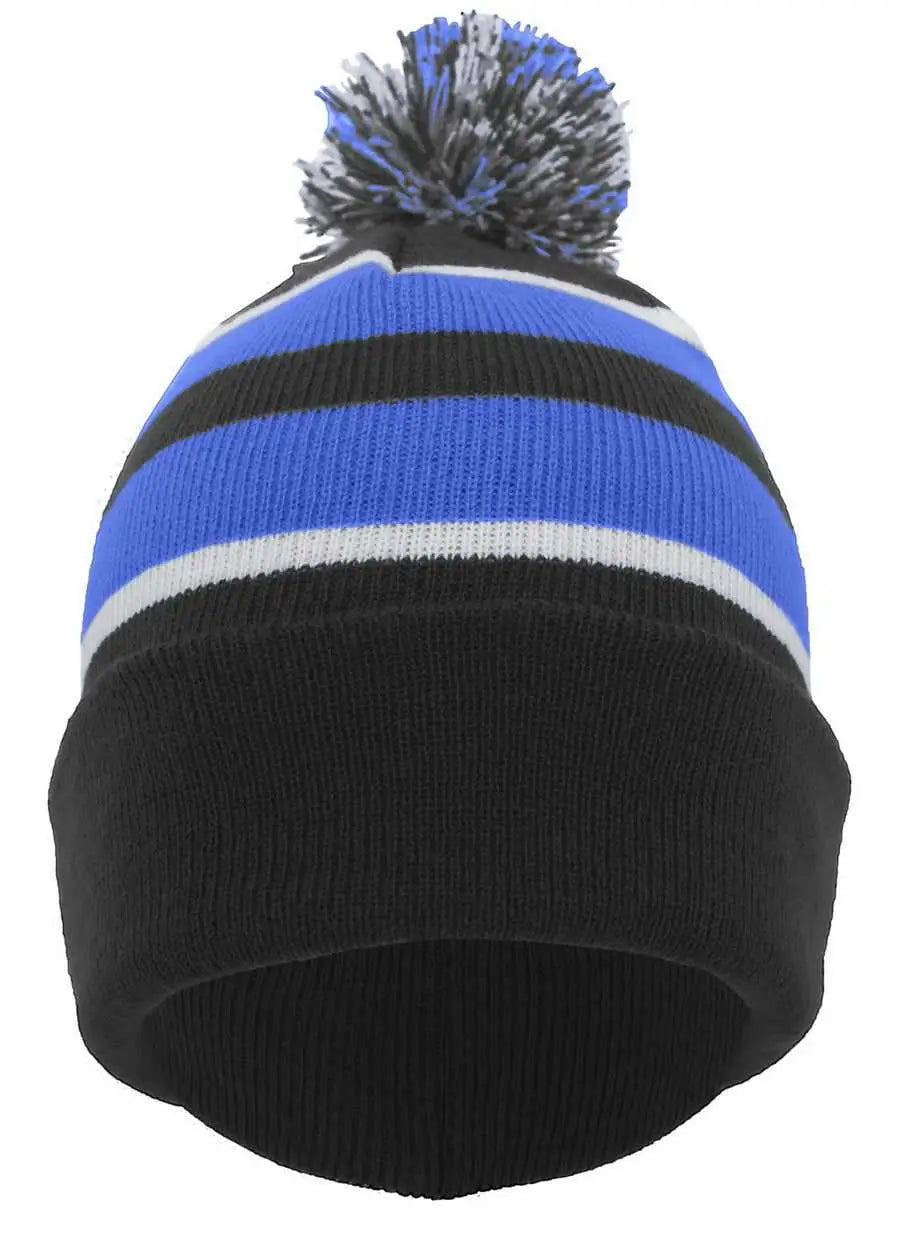 Pacific Headwear 641K Pom-Pom Cuff Beanie - Black Royal White - Black Royal / 7’’ - 7 7/8’’