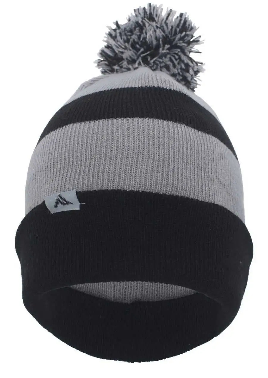 Pacific Headwear 641K Pom-Pom Cuff Beanie - Black Silver Black - Black Light Gray / 7’’ - 7 7/8’’