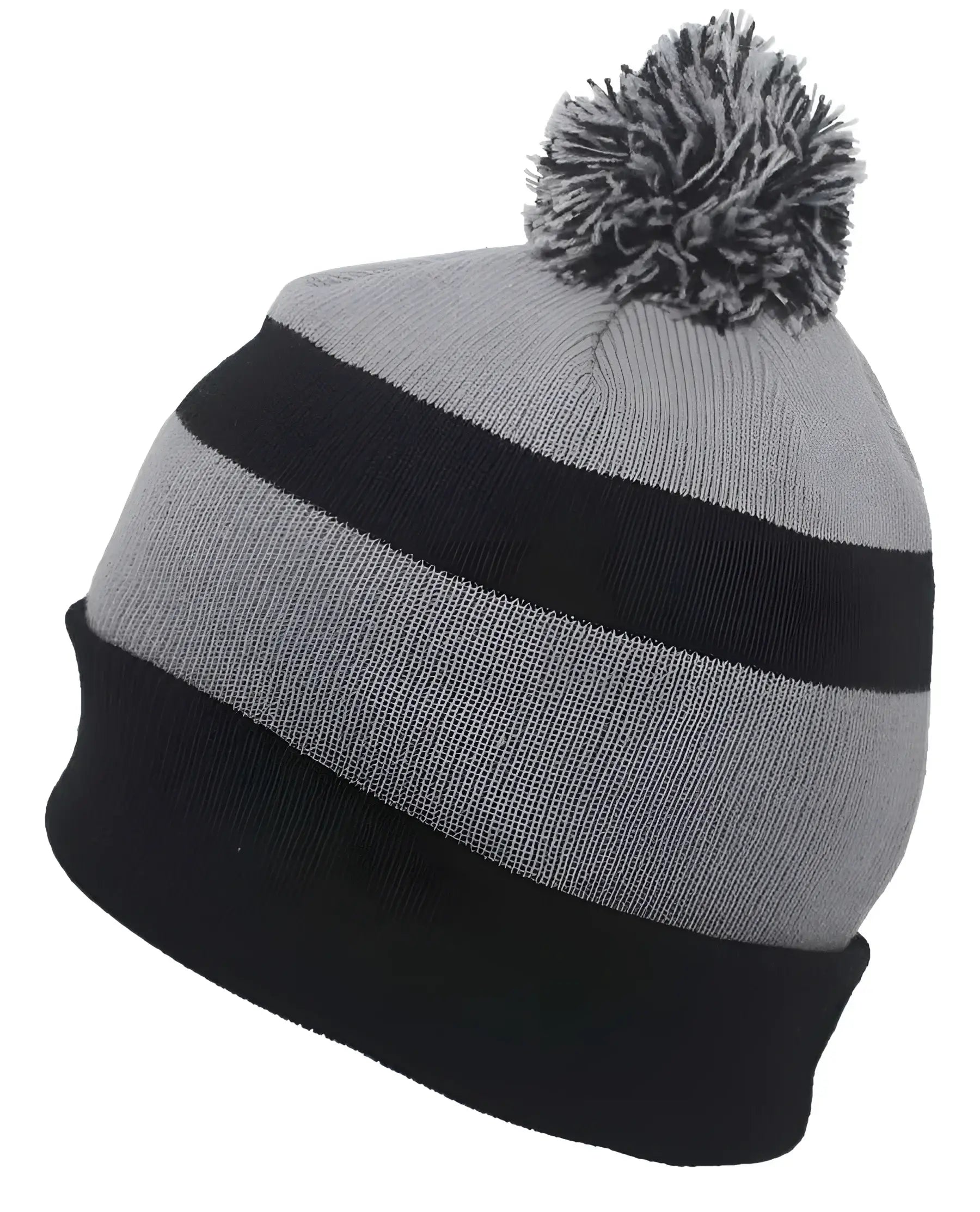 Pacific Headwear 641K Pom-Pom Cuff Beanie - Black Silver Black - Black Light Gray / 7’’ - 7 7/8’’
