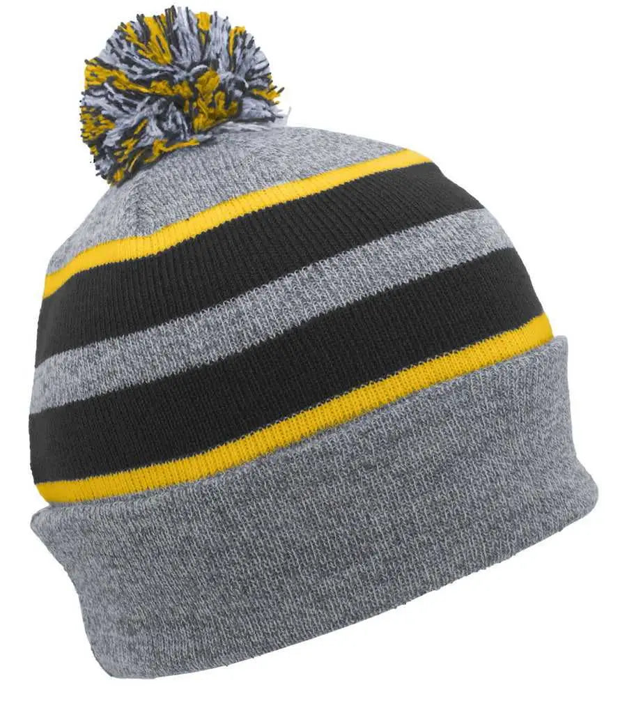 Pacific Headwear 641K Pom-Pom Cuff Beanie - Heather Gray Black Gold - Gray Black / 7’’ - 7 7/8’’