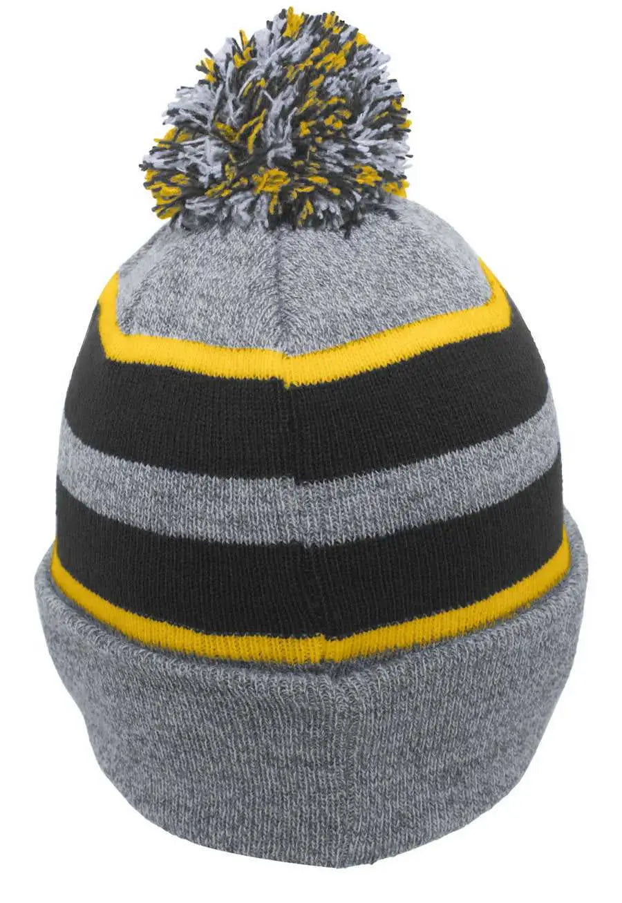 Pacific Headwear 641K Pom-Pom Cuff Beanie - Heather Gray Black Gold - Gray Black / 7’’ - 7 7/8’’