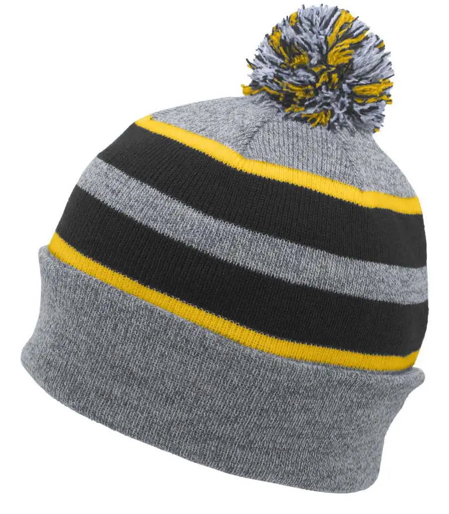 Pacific Headwear 641K Pom-Pom Cuff Beanie - Heather Gray Black Gold - Gray Black / 7’’ - 7 7/8’’