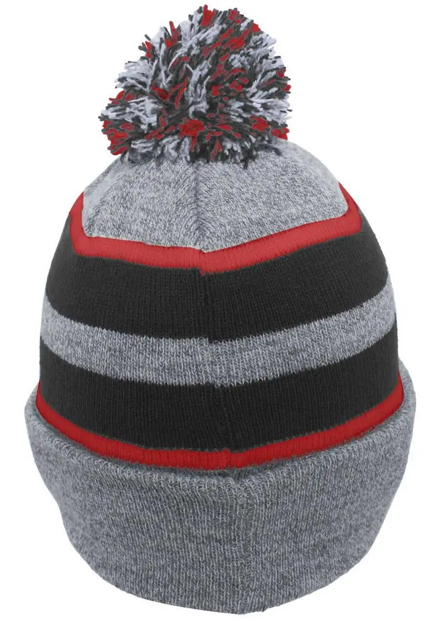 Pacific Headwear 641K Pom-Pom Cuff Beanie - Heather Gray Black Red - Gray Black / 7’’ - 7 7/8’’