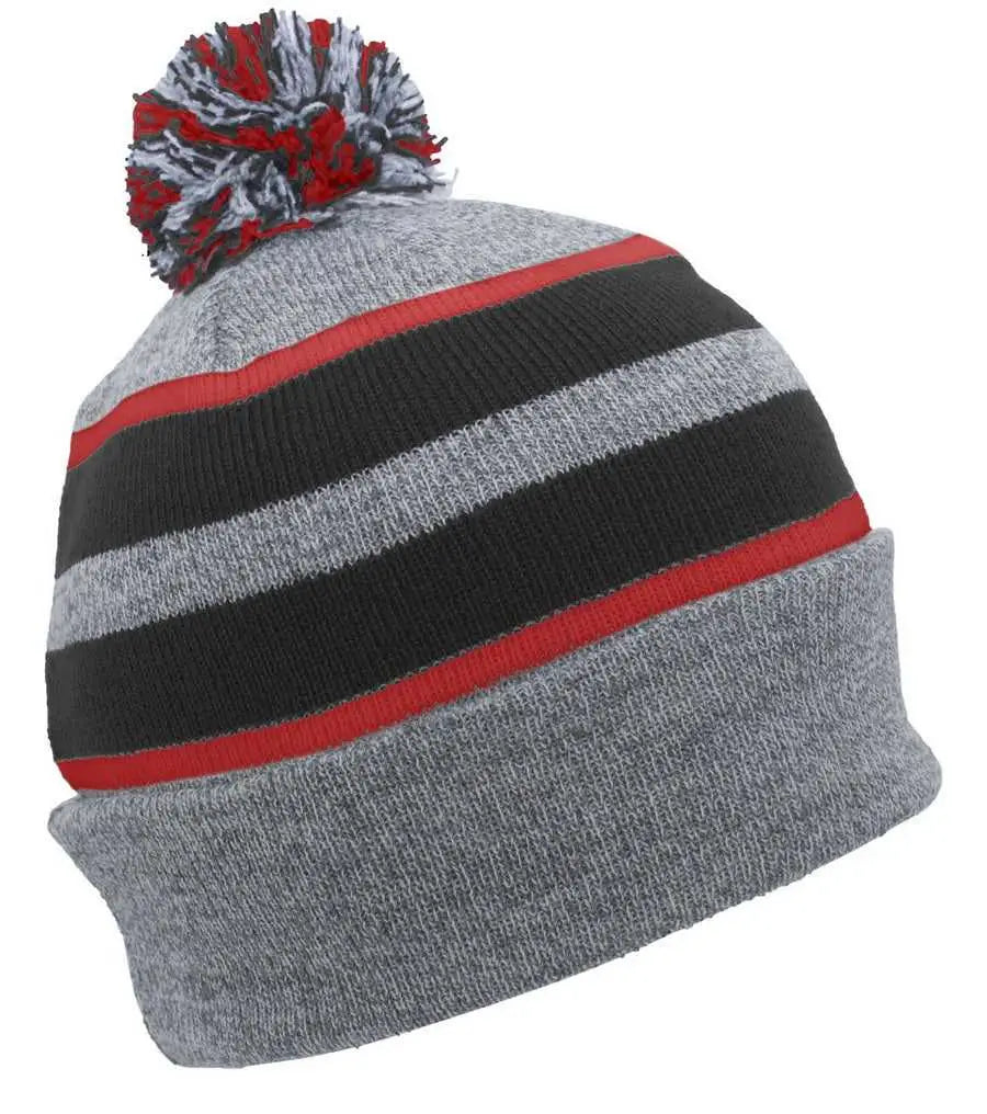 Pacific Headwear 641K Pom-Pom Cuff Beanie - Heather Gray Black Red - Gray Black / 7’’ - 7 7/8’’