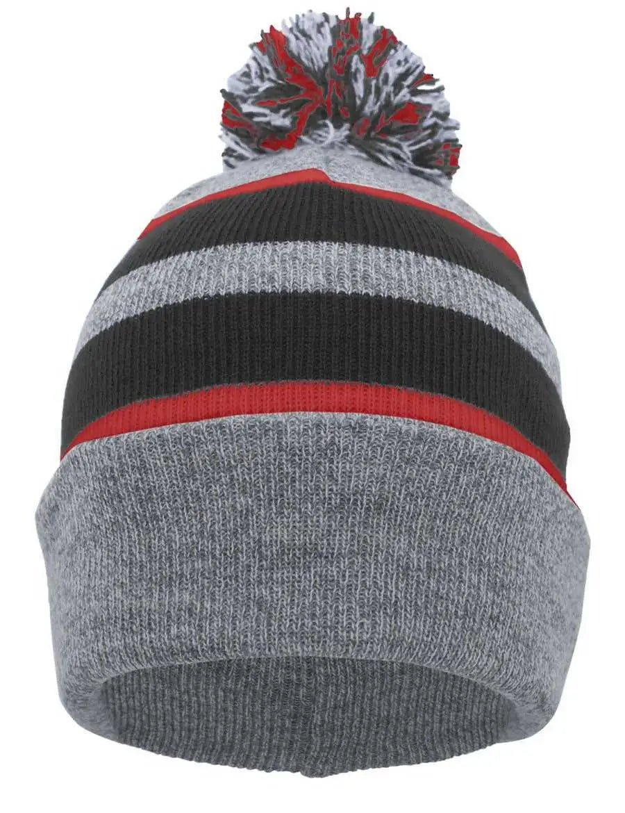 Pacific Headwear 641K Pom-Pom Cuff Beanie - Heather Gray Black Red - Gray Black / 7’’ - 7 7/8’’