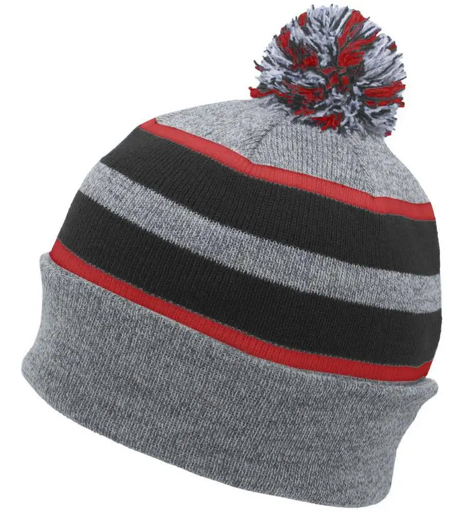Pacific Headwear 641K Pom-Pom Cuff Beanie - Heather Gray Black Red - Gray Black / 7’’ - 7 7/8’’