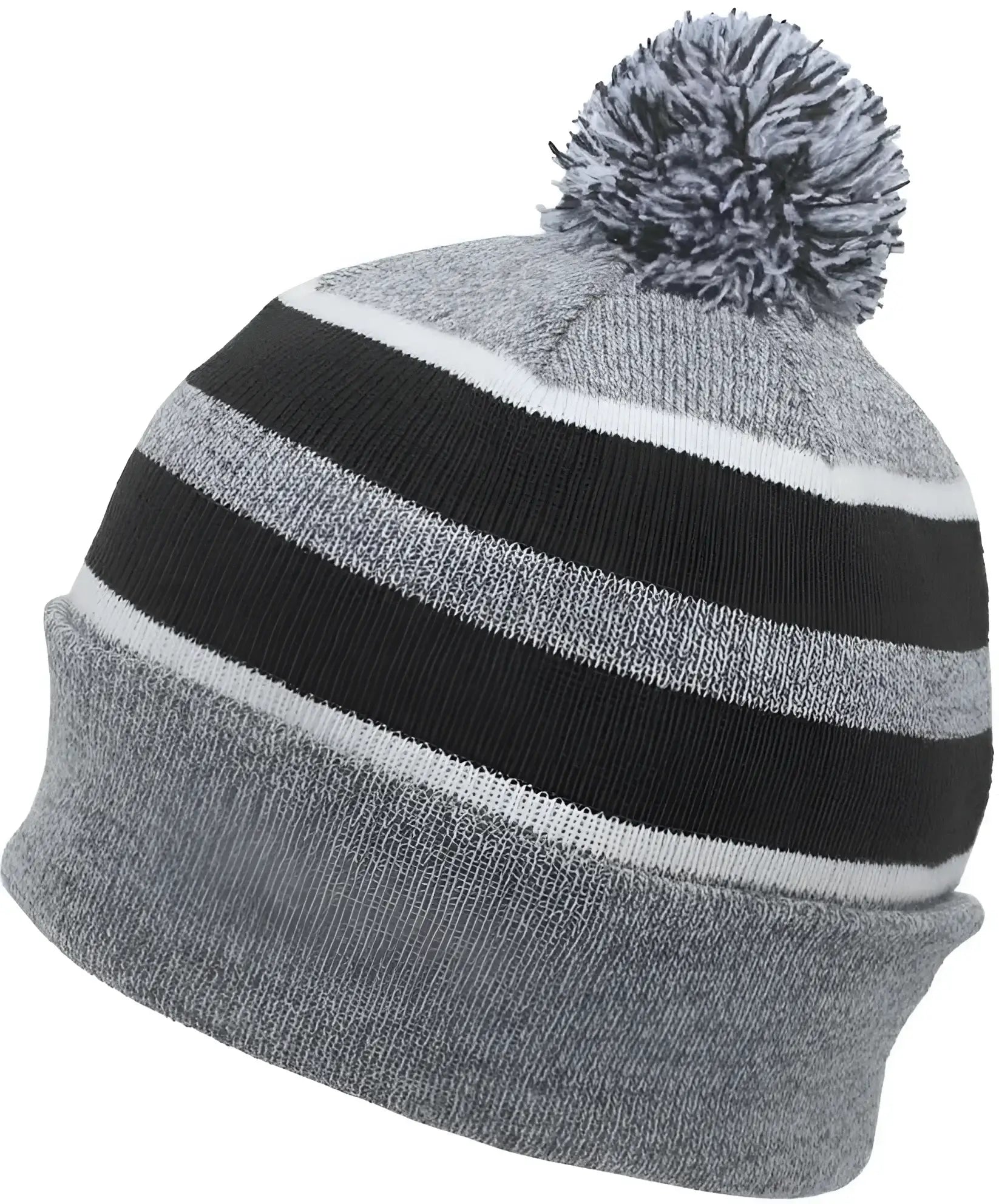 Pacific Headwear 641K Pom-Pom Cuff Beanie - Heather Gray Black White - Gray Black / 7’’ - 7 7/8’’