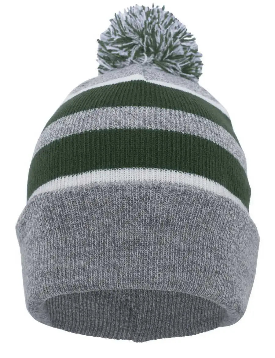 Pacific Headwear 641K Pom-Pom Cuff Beanie - Heather Gray Dark Green White - Gray Forest / 7’’ - 7 7/8’’