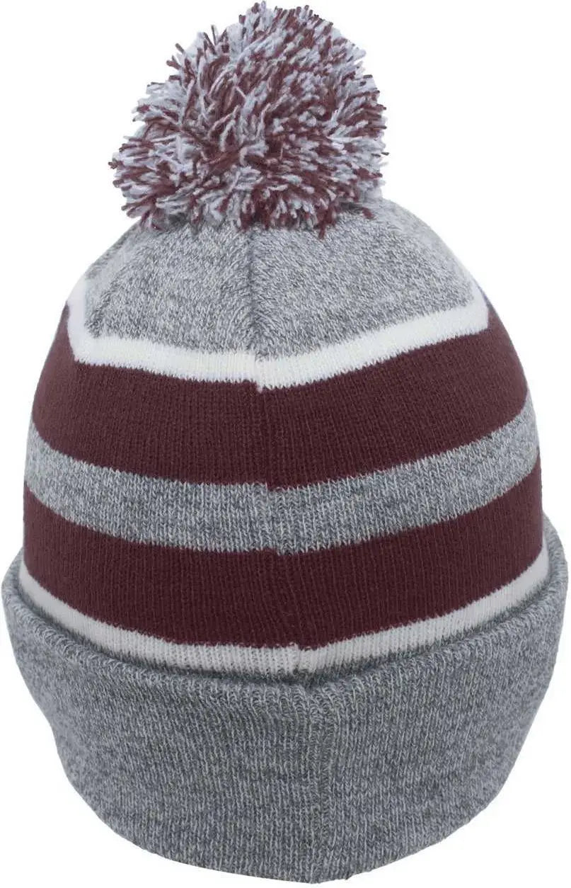 Pacific Headwear 641K Pom-Pom Cuff Beanie - Heather Gray Maroon White - Gray Maroon / 7’’ - 7 7/8’’