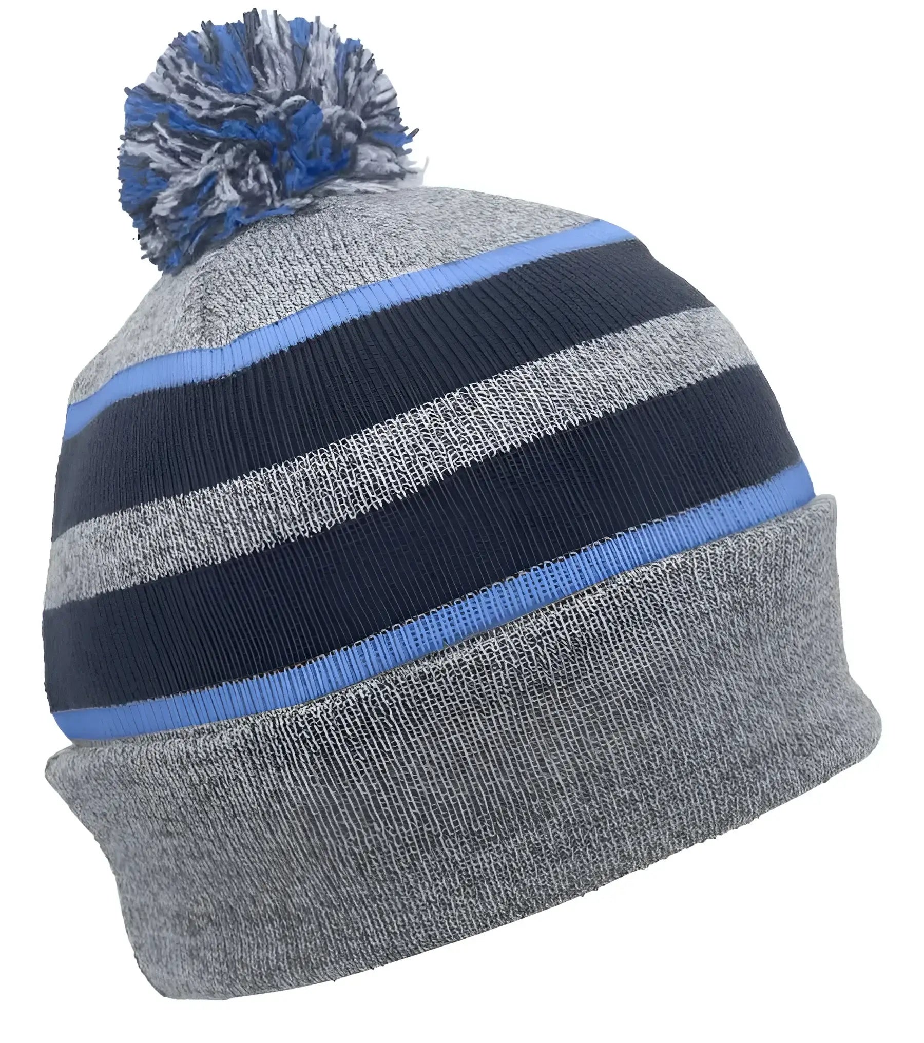 Pacific Headwear 641K Pom-Pom Cuff Beanie - Heather Gray Navy Columbia Blue - Gray Navy / 7’’ - 7 7/8’’
