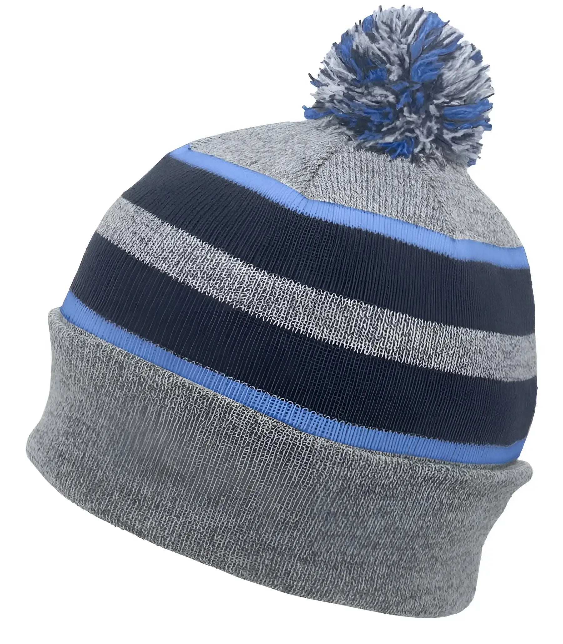 Pacific Headwear 641K Pom-Pom Cuff Beanie - Heather Gray Navy Columbia Blue - Gray Navy / 7’’ - 7 7/8’’