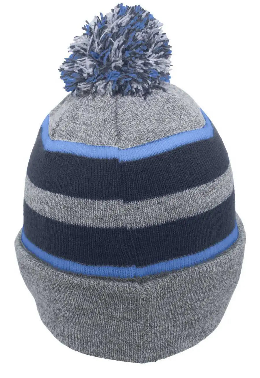 Pacific Headwear 641K Pom-Pom Cuff Beanie - Heather Gray Navy Columbia Blue - Gray Navy / 7’’ - 7 7/8’’