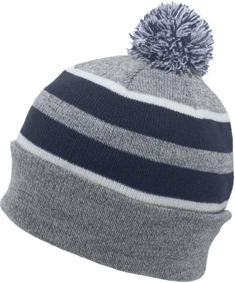 Pacific Headwear 641K Pom-Pom Cuff Beanie - Heather Gray Navy White - Gray Navy / 7’’ - 7 7/8’’