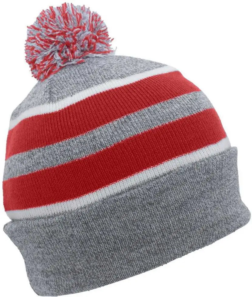Pacific Headwear 641K Pom-Pom Cuff Beanie - Heather Gray Red White - Gray Red / 7’’ - 7 7/8’’