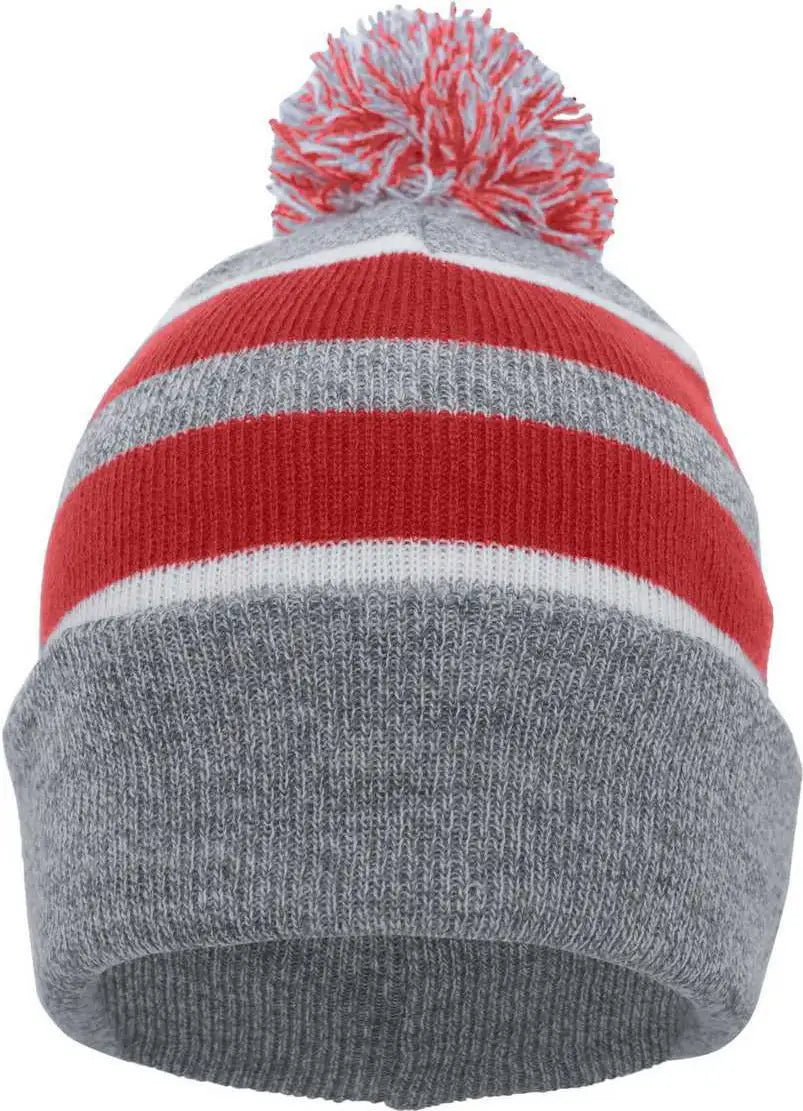Pacific Headwear 641K Pom-Pom Cuff Beanie - Heather Gray Red White - Gray Red / 7’’ - 7 7/8’’