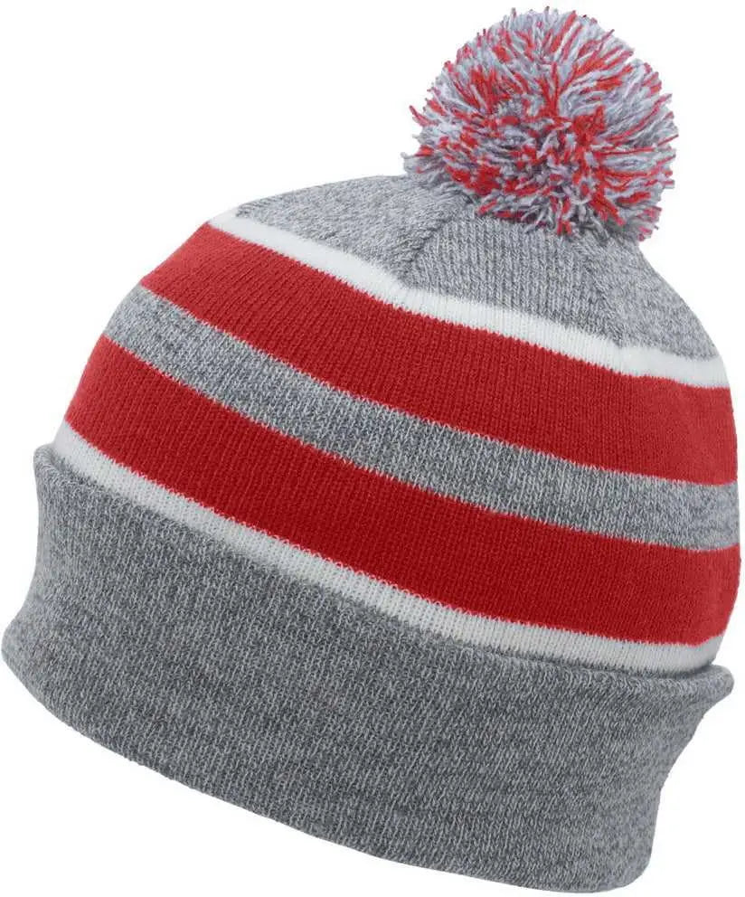 Pacific Headwear 641K Pom-Pom Cuff Beanie - Heather Gray Red White - Gray Red / 7’’ - 7 7/8’’