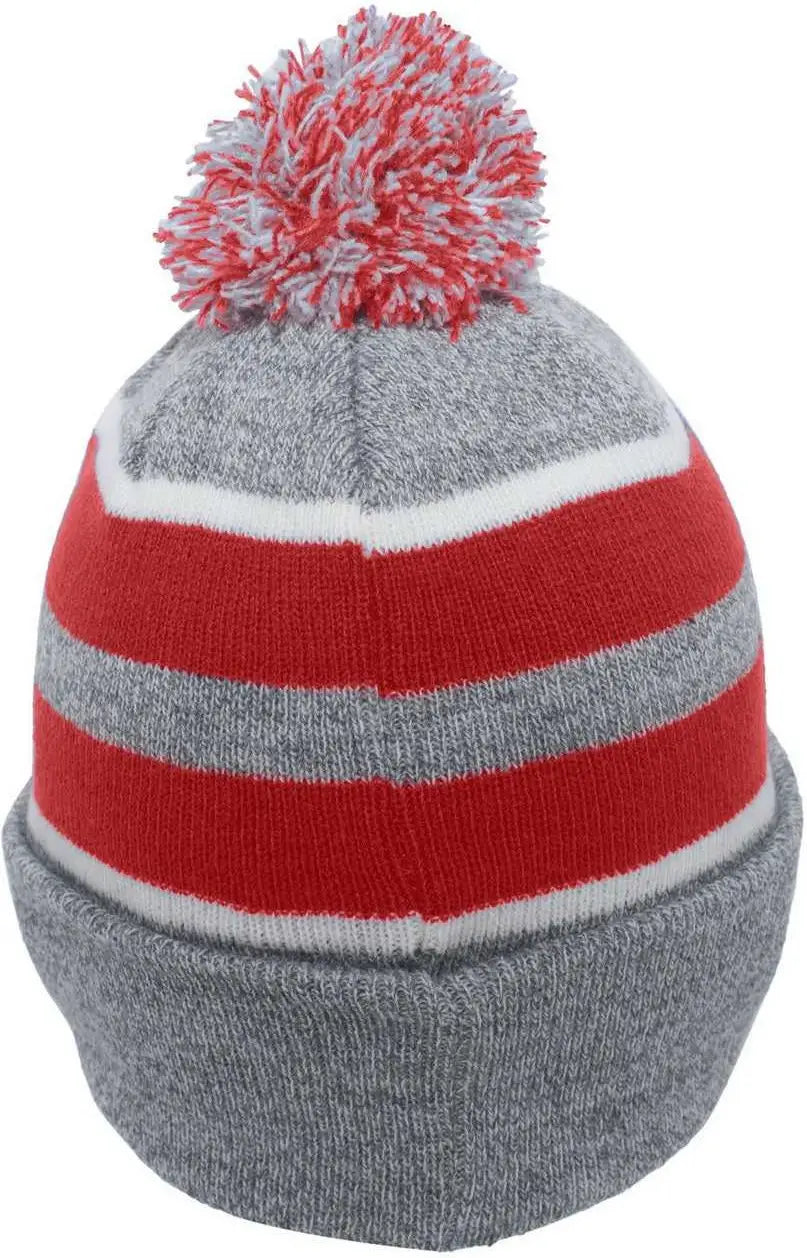 Pacific Headwear 641K Pom-Pom Cuff Beanie - Heather Gray Red White - Gray Red / 7’’ - 7 7/8’’