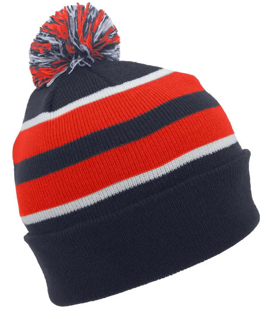 Pacific Headwear 641K Pom-Pom Cuff Beanie - Navy Red White - Navy Red / 7’’ - 7 7/8’’